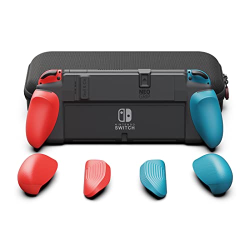 Skull & Co. NeoGrip Bundle: an Ergonomic Grip Hard Shell with Replaceable Grips [to fit All Hands Sizes] for Nintendo Switch OLED and Regular Model [with Carrying Case] - Neon Blue(L)+Neon Red(R)