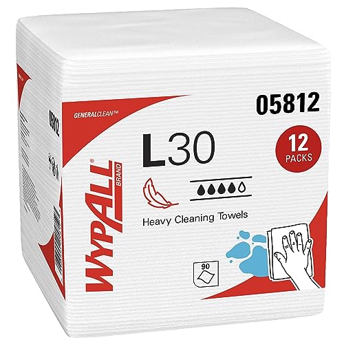 WypAll GeneralClean L30 Heavy Duty Cleaning Towels (05812), Quarterfold, Strong and Soft Towels, White (90 Sheets/Pack, 12 Packs/Case, 1,080 Sheets/Case)