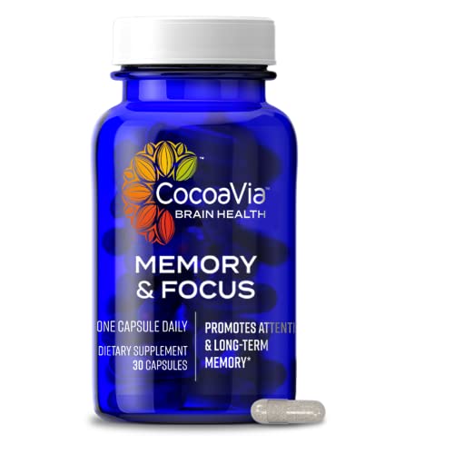 CocoaVia Memory & Focus Brain Supplement, 30 Day, Cocoa Flavanol Blend, Lutein, Added Caffeine for Boost. Improve Cognitive Function, Attention, Vegan & Plant Based, 30 Capsules