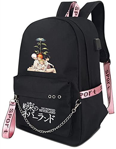 Roffatide Anime The Promised Neverland Emma Norman Ray Backpack Book Bag Laptop School Bag with USB Charging Port and Headphone Port