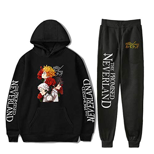 The Promised Neverland Hoodies Anime Clothing Hoodie Pants Loose Pullover Sweatshirt Sweatpants 2-Piece Set (Black 1,S)
