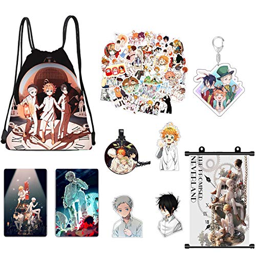 The Promised NeverIand Manga Merch,50 pcs Stickers+Drawstring Bag+Necklace+Poster+Brooch+Card+Keychain