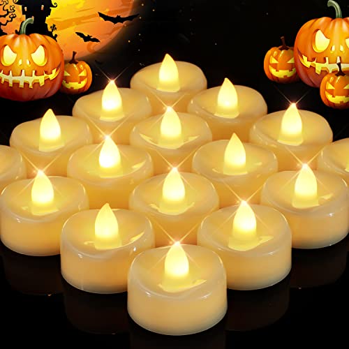 Flameless Candles, 24 Pack LED Tea Lights Candles Battery Operated, Last 150+ Hrs Flickering Tea Lights, Flameless Tealight Candles for Halloween Diwali Fall Christmas Weddings Dia 1-1/2x H 1-1/4