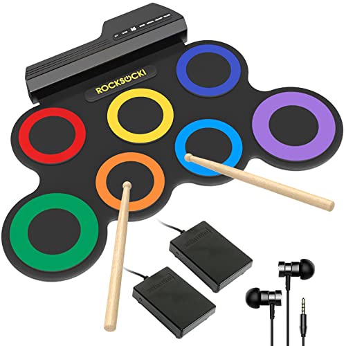 ROCKSOCKI Electronic Drum Sets, 7 Drum Practice Pad, Roll-up Machine With Sticks Foot Pedals, Great Holiday Xmas Birthday Gift for Kids (Speaker Excluded)