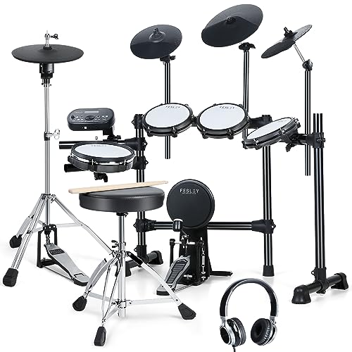Fesley Electric Drum Set, Electronic Drum Set with 4 Quiet Mesh Drum Pads, Moving HiHat and Kick Drum, 2 Cymbals w/Chock, 225 Sounds, Headphones, USB MIDI, Drum Throne, and Sticks