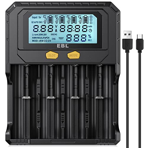 EBL 18650 Battery Charger with Discharge & Testing Functions, Lithium Battery Charger for 3.6V/3.7V/3.85V Li-ion/IMR/INR/ICR/3.2VLiFePO4, 1.2V Ni-MH/Ni-CD Rechargeable Batteries