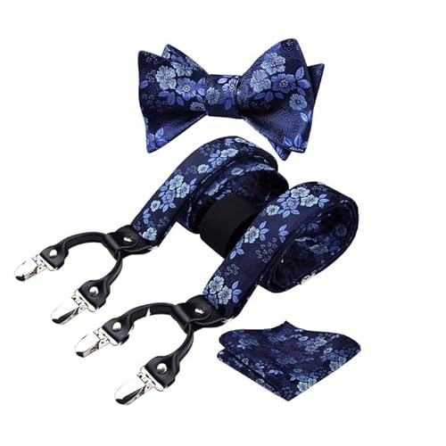 HISDERN Bow Tie and Suspenders for Men Blue Floral Suspender Bowtie Set Adjustable Strong 6 Clips Y-Back Paisley Tuxedo Suspender Bowties Pocket Square for Wedding Party