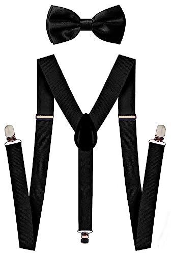NAVISIMA Adjustable Elastic Y Back Unisex Suspender and Bow Tie Set (Black)