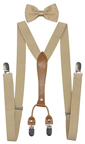 Doloise Men's Suspenders Bowtie Set Elastic Y Shape Style Women's Suspenders Bowtie For Wedding&Formal Events (Khaki)