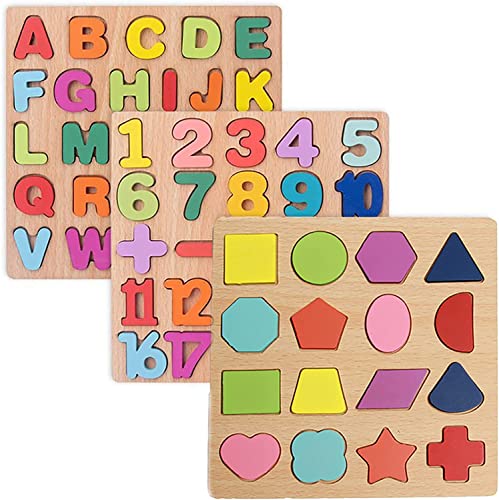 Wooden Puzzles for Toddlers, 3pack Alphabet Shape Puzzles for Kids 3 Wooden Montessori Toddler Puzzles Wooden Alphabet Number Shape Puzzles for Kids 3 Years Old Boys & Girls