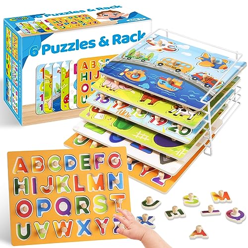 Wooden Puzzles for Toddlers 1-3, 6 Pack Peg Puzzles with Wire Puzzle Holder Rack for Kids, Learning Educational Puzzles for Baby Puzzles 12-18 Months, Alphabet Number Animal Vehicle Montessori Toys