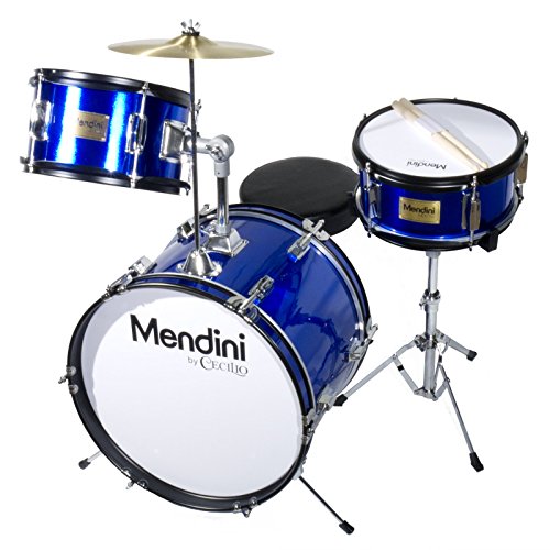 Mendini By Cecilio Drum Set  3-Piece Kids Drum Set (16"), Includes Bass Drum, Tom, Snare, Drum Throne - Musical Instruments for Age 6-12, Metallic Blue Drum Kit