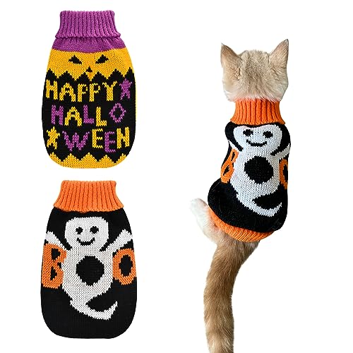 ShuRung 2Pcs Halloween Dog Sweaters Kitten Cat Knitwear Puppy Cat Halloween Pumpkin Ghost Sweater Pet Halloween Sweater Clothes Outfit Costume for Kittens Cats Puppies Small Medium Dogs S