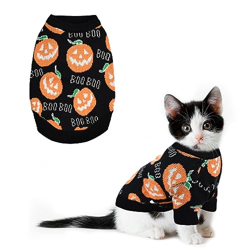 CooShou Pet Puppy Dog Halloween Sweater Cat Pumpkin Knitwear Clothes Costume with Cute Boo Pattern Halloween Sweater Coat for Kittens Small Dogs Cats M