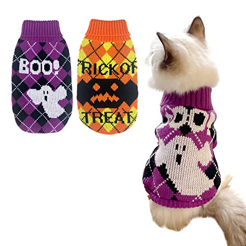 CooShou 2Pcs Halloween Dog Sweater Kitten Knitwear Dog Clothes Orange Trick OR Treat Purple Ghost Boo Pattern for Kitten Cat Puppy Dog XS