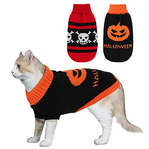 HUMLANJ 2 Packs Halloween Cat Sweater Turtleneck Knitted Pumpkin Sweaters for Cats Only Kitten Kitty Skull Sweater Warm Winter Knit Pullover Knitwear