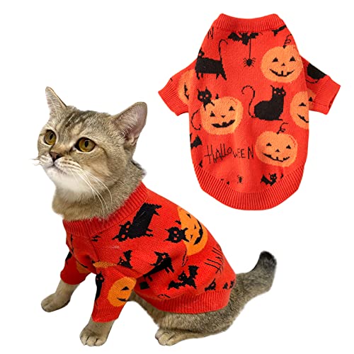 CooShou Halloween Sweater Costume for Dogs Cat Pumpkin Knitwear Clothes Costume with Pumpkin Kitten Pattern Dog Halloween Sweater Coat for Kittens Small Dogs Cats M