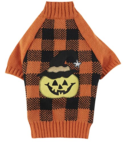 Plaid Orange Black Halloween Cat Sweater, Knitwear Pumpkin Puppy Sweater for Dog Cat, X-Small (XS) Size