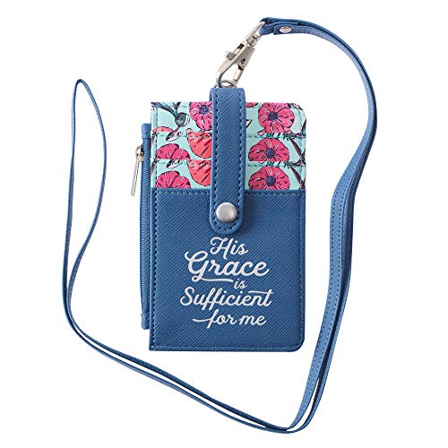 ID Card Holder His Grace is Sufficient 2 Corinthians Bible Verse Blue Floral Faux Leather Zip ID Case, Scripture Keychain Slim Front Pocket Wallet for Women w/Detachable Lanyard Neck Strap