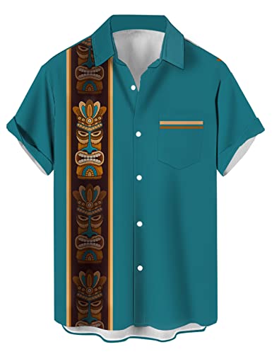 Button Up Mens Standard-Fit Shirts Printed Beach Tiki Chest Pocket Short Sleeve Bowling Shirt Hawaii Summer Green L