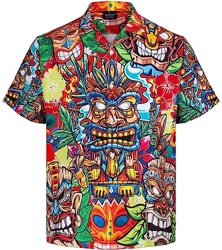 MIKENKO Monster Tiki Hawaiian Shirt for Men Funny Button Down Shirt Men Summer Short Sleeve Button Up Shirts for Men
