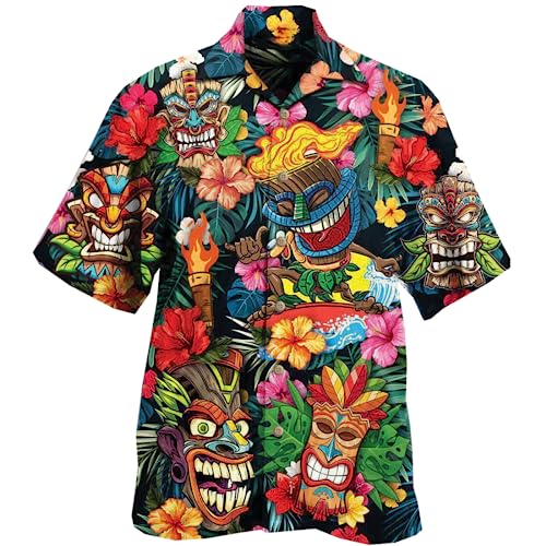 Tropical Tiki Shirt Funny Hawaiian Shirts for Men Women - Tropical Tiki Button Up Mens Hawaiian Shirts Funny Mens 80s Shirt Size L