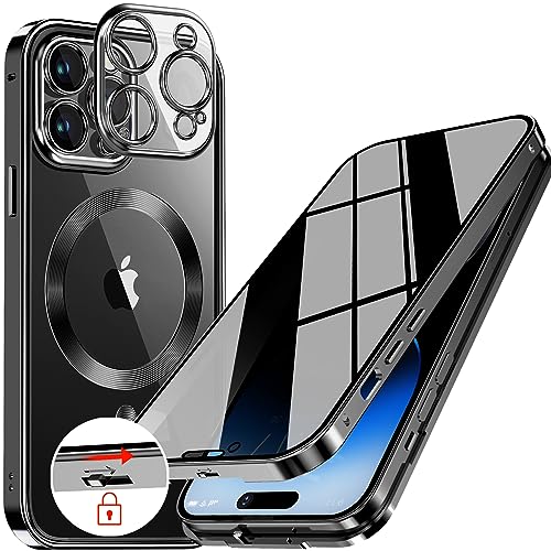 [CD Metal Ring & Automatic Pop-up Lock] Magnetic Privacy Case for iPhone 14 Pro Max [Compatible with MagSafe] [Integrated Lens Protection] Full Body Bumper Cover with Built-in 9H Glass Screen-Black