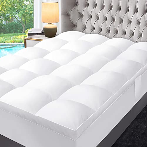 ABENE Queen Size Extra Thick Fusion Down Feather Filled Bed Mattress Topper for Back Pain, Plush Fluffy Doule Layer Pillowtop Luxury Mattress Pad, Cotton Fabric Soft Featherbed with Bedside Pocket