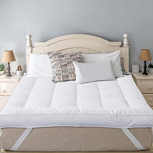 WhatsBedding Goose Down & Feather Topper Full Size, 5 Inch Feather Bed Mattress Pad, Hotel Collection 1800 GSM Overfilled Pillow Top, Hand Made 1200TC Cotton Fabric - 54x75