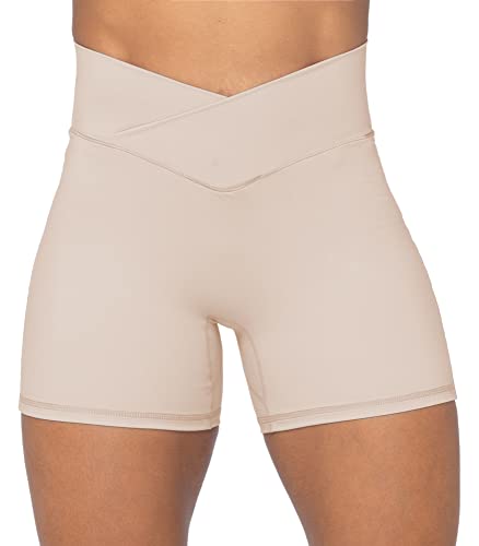 Sunzel Softmax Crossover Biker Shorts for Women, No Front Seam V High Waist Yoga Workout Gym Shorts with Tummy Control Beige Medium