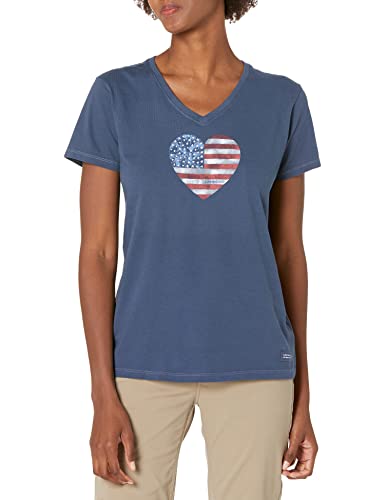 Life is Good Women's Standard Crusher Graphic V-Neck T-Shirt Watercolor American Flag Heart, Darkest Blue, XX-Large