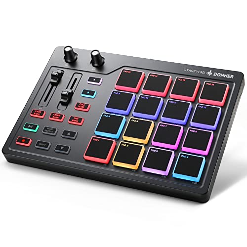 STARRYPAD MIDI Pad Beat Maker by Donner, with 16 Beat Pads, 2 Assignable Fader & Knobs and Music Production Software Included, USB MIDI Pad Controller STARRYPAD with 40 Free Courses