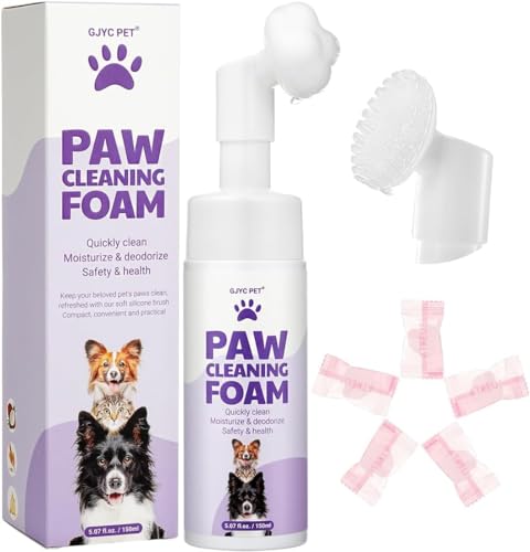 GJYC PET No-Rinse Paw Cleaner Foam-Waterless Paw Cleaner with Enhanced Silicone Scrubber| Natural Plant-Based Magic Foam | No-Rinse Shampoo + 5 Microfiber Compressed Towels Included for Dogs & Cats