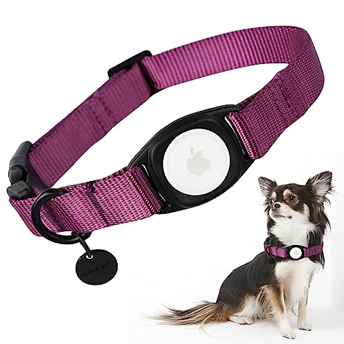 Babole Pet AirTag Dog Collar Deep Purple for Small Puppy Dog,11 Colors,Nylon Integrated GPS Pet Collar with Durable Snap Buckle,Dog Tracker for Apple iPhone, Medium Large Boy&Girl&Female Dog(S)