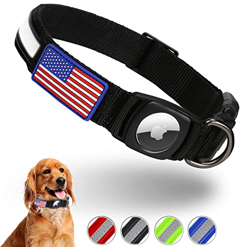 Reflective AirTag Dog Collar, FEEYAR Waterproof Air Tag Dog Collar [Black], Integrated Apple AirTag Holder Dog Collars with Flag Patch, GPS Tracker Dog Collar for Small Medium Large Dogs [Size M]
