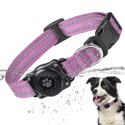 Airtag Dog Collar, 100% Waterproof Integrated Apple Air Tag Dog Collars, Reflective GPS Dog Collar with Hard PC AirTag Holder Case for Small Medium Large Dog (Purple)
