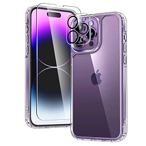 TAURI for iPhone 14 Pro Max Case, [5 in 1] 1X Clear Case [Not-Yellowing] with 2X Tempered Glass Screen Protector + 2X Camera Lens Protector, [Military-Grade Drop Protection] Phone Case 6.7 Inch