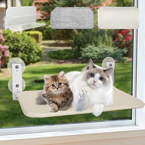 Large Foldable Cat Window Perch, Cordless Cat Hammock Beds with 2 Replacement Mat and 4 Powerful Suction Cups in Steel Frame Weight 40lbs Load,Sunbath Cat Seat for Indoor Cats