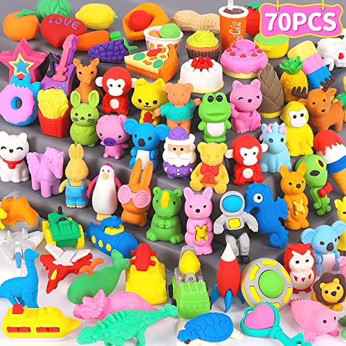 70 Pack Animal Erasers for Kids Bulk Desk Pets Classroom Prizes Treasure Box Toys for Classroom Supplies, 3D Puzzle Mini Erasers Pencil Eraser Back to School Supplies for KidsParty Favors (Random)