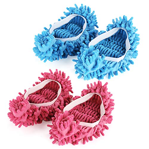 Ellsang Washable Mop Slippers, 2 Pairs Microfiber Mop Shoes, Mopping Slippers for Floor Cleaning (Pink+Blue)