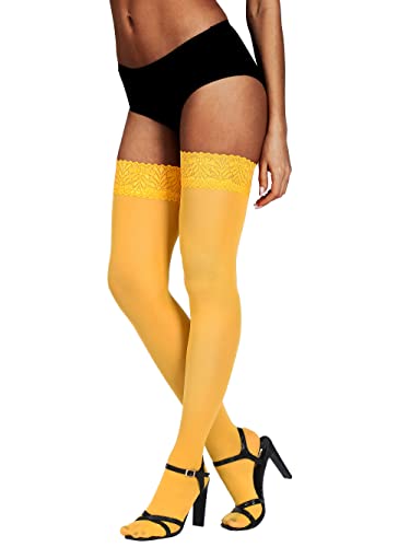 HONENNA Semi Sheer Stay Up Lingerie Thigh High Stockings Lace Top Size A-F, 1 Pair Goldenrod, A/B