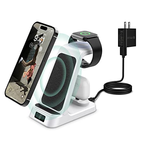 DDUAN Wireless Charging Station, 3 in 1 Fast Charging Stand, Wireless Charger for Apple Watch 8/7/6/5/4/3 & iPhone14/13/12/11/Pro/Max/X/XS/Max/XR/8, Airpods/Pro(QC3.0 Adapter Included)-White