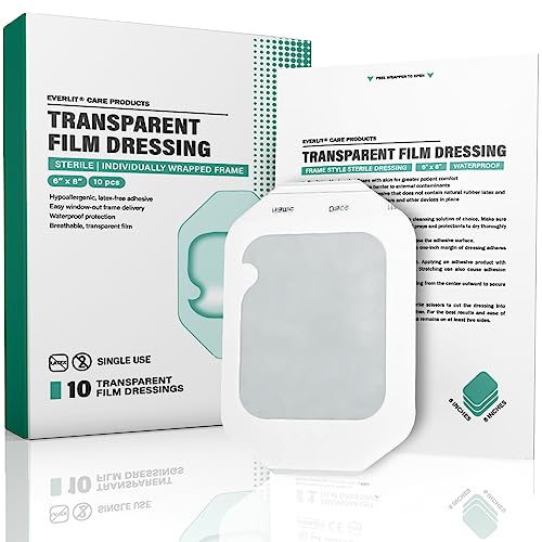 Everlit Care Transparent Film Dressing, Large Waterproof Adhesive Patch | Window Frame Wound Cover for Post Surgical Shower, IV Shield, Tattoo Aftercare Bandage (6" x 8" | 10 Pack)