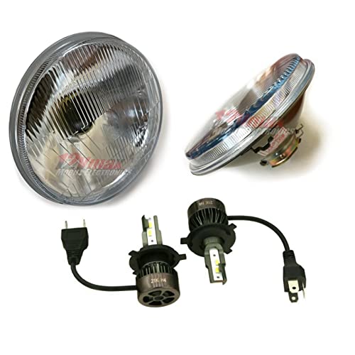 12vMax Electronics One Pair 5 3/4" 5.75 inch Round Glass Headlight Lamp Housing Hi/Low Beam with H4 LED Bulbs Included - Also fits HID Halogen Bulb