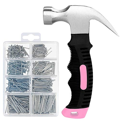 KURUI 700PCs Small Nails for Hanging Pictures Assortment Kit & Pink 8oz Small Hammer for Women, Mini Pink Tool Hammer Set With Hardware Nails Assorted Set, 280 Wall Nails & 280 Finishing Nails