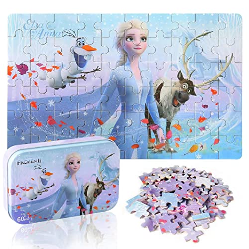 LELEMON Elsa Puzzles for Kids Ages 4-8,60 Piece Disney Puzzles for Kids Ages 3-5,Frozen Jigsaw Puzzles Kids Puzzles in a Metal Box,Educational Learning Puzzle Toys Gifts for Girls and Boys