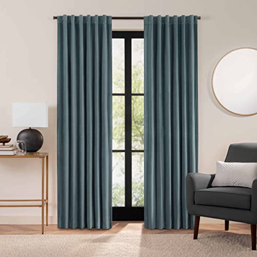 Eclipse Luxury Cotton Velvet 100% Blackout Rod Pocket Back Tab 84" x 50" Curtain Window Panel in Mineral Blue