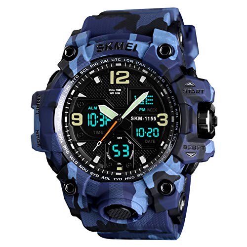 Mens Digital Watches 50M Waterproof Outdoor Sport Watch Military Multifunction Casual Dual Display Stopwatch Wrist Watch Camo Blue