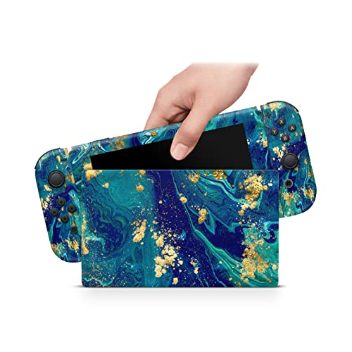 ZOOMHITSKINS Compatible with Nintendo Switch Skin Cover Mineral Aqua Blue Turquoise Marble Gold Quartz Golden Granit Ocean Azur 3M Vinyl Decal Sticker Wrap, Made in The USA