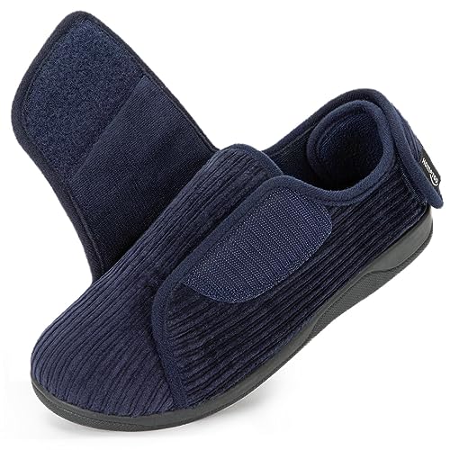 HomeTop Women's Comfy Corded Velveteen Adjustable Wide Fit Shoes Hook And Loop Memory Foam Closed-back Diabetic Swollen Feet Slippers Navy, 9 US